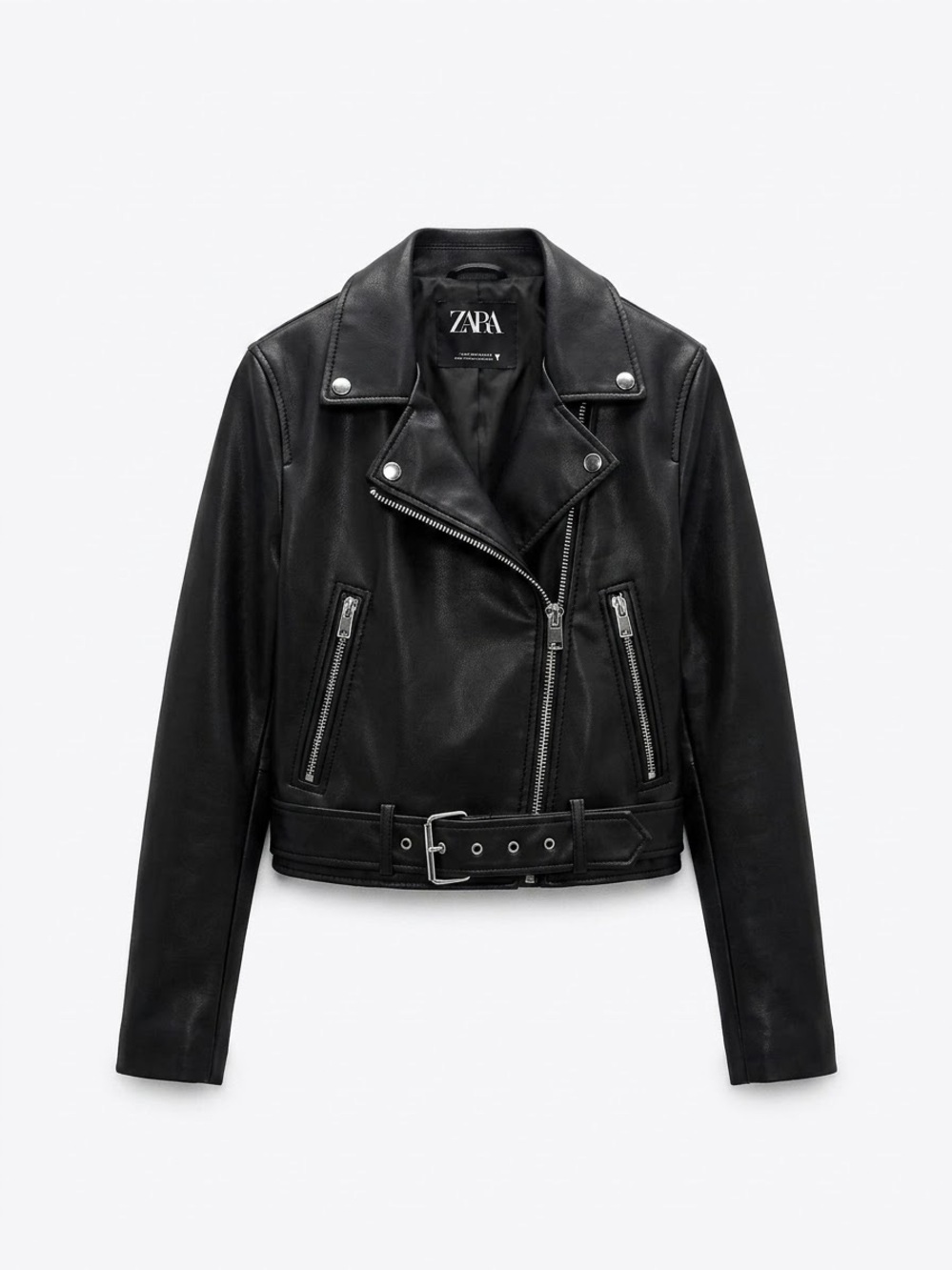 ZARA Black Faux Leather Biker Jacket with Belted Waist